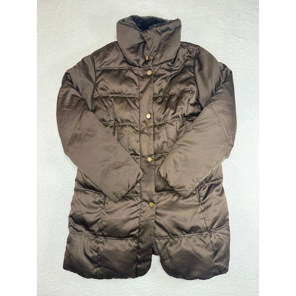 Larry Levine Womens Brown Down Puffer Coat Faux Fur Collar Quilted Parka Size L